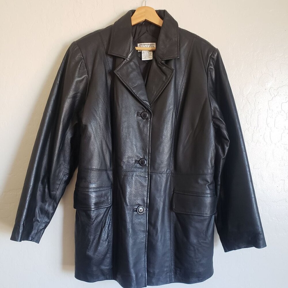 Venezia Vintage Leather Blazer Jacket Coat Solid Black Size Women's XL Y2K 90's